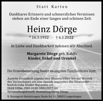 Traueranzeige von Heinz Dörge von Hannoversche Allgemeine Zeitung/Neue Presse