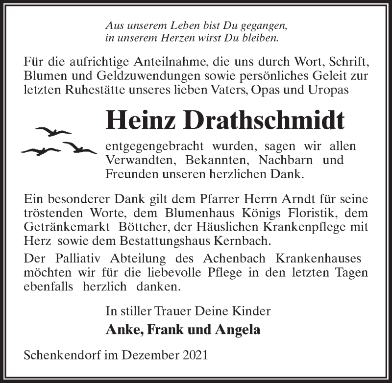  Traueranzeige für Heinz Drathschmidt vom 18.12.2021 aus Märkischen Allgemeine Zeitung
