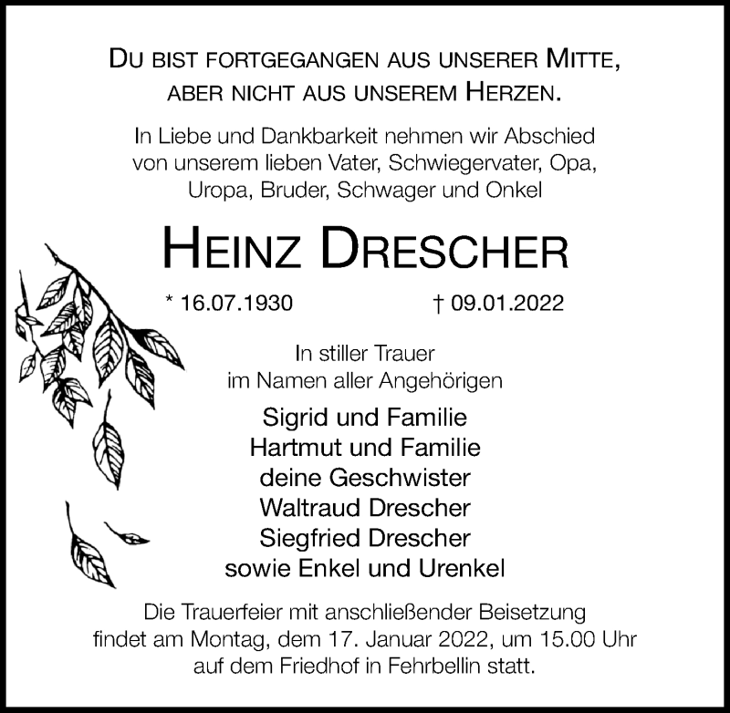  Traueranzeige für Heinz Dreschler vom 13.01.2022 aus Märkischen Allgemeine Zeitung