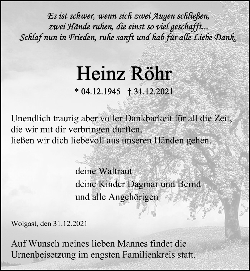  Traueranzeige für Heinz Röhr vom 08.01.2022 aus Ostsee-Zeitung GmbH