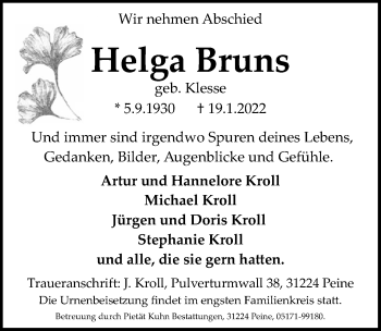 Traueranzeige von Helga Bruns von Peiner Allgemeine Zeitung