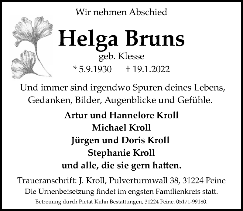 Traueranzeige für Helga Bruns vom 22.01.2022 aus Peiner Allgemeine Zeitung