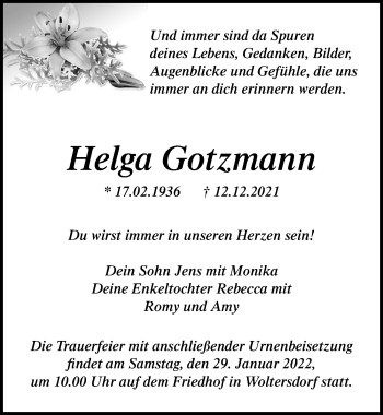 Traueranzeige von Helga Gotzmann von Märkischen Allgemeine Zeitung