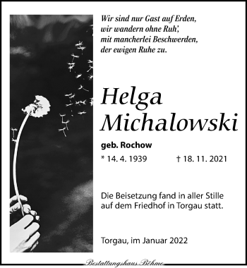 Traueranzeige von Helga Michalowski von Torgauer Zeitung