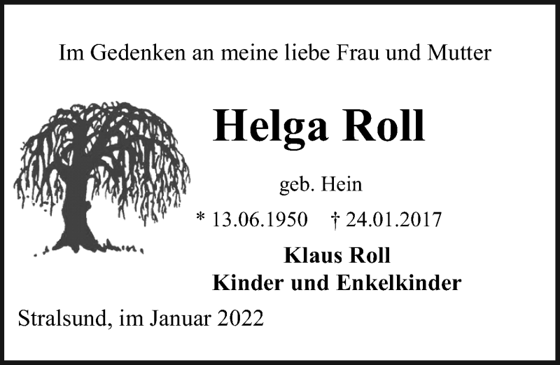  Traueranzeige für Helga Roll vom 29.01.2022 aus Ostsee-Zeitung GmbH