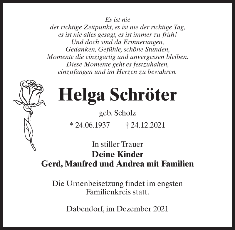  Traueranzeige für Helga Schröter vom 30.12.2021 aus Märkischen Allgemeine Zeitung