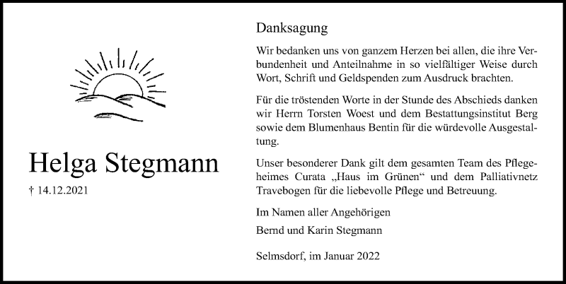  Traueranzeige für Helga Stegmann vom 12.01.2022 aus Ostsee-Zeitung GmbH