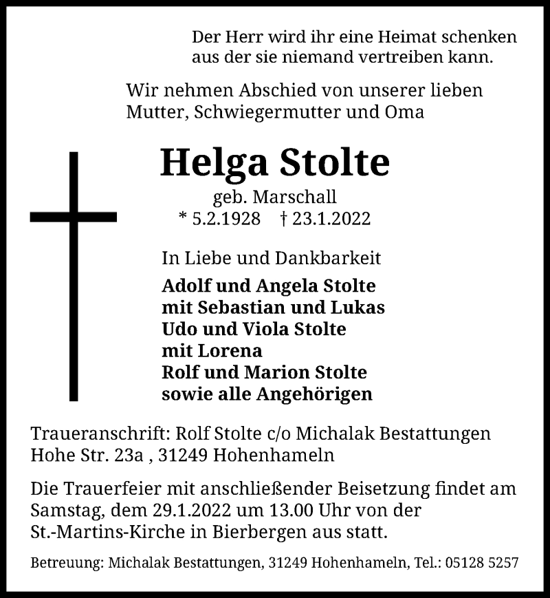  Traueranzeige für Helga Stolte vom 26.01.2022 aus Peiner Allgemeine Zeitung