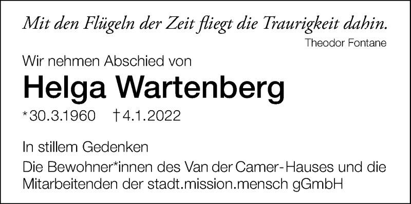  Traueranzeige für Helga Wartenberg vom 08.01.2022 aus Kieler Nachrichten