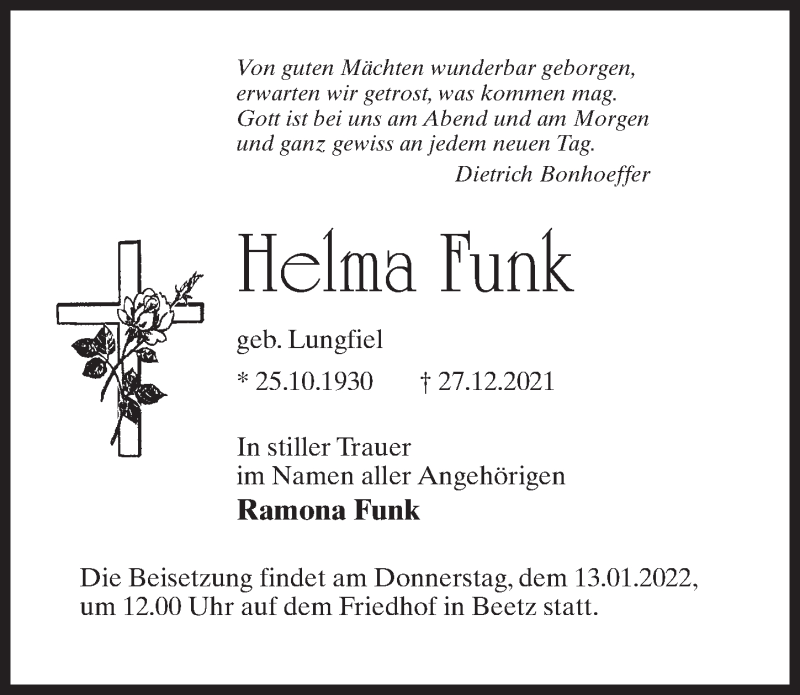  Traueranzeige für Helma Funk vom 08.01.2022 aus Märkischen Allgemeine Zeitung