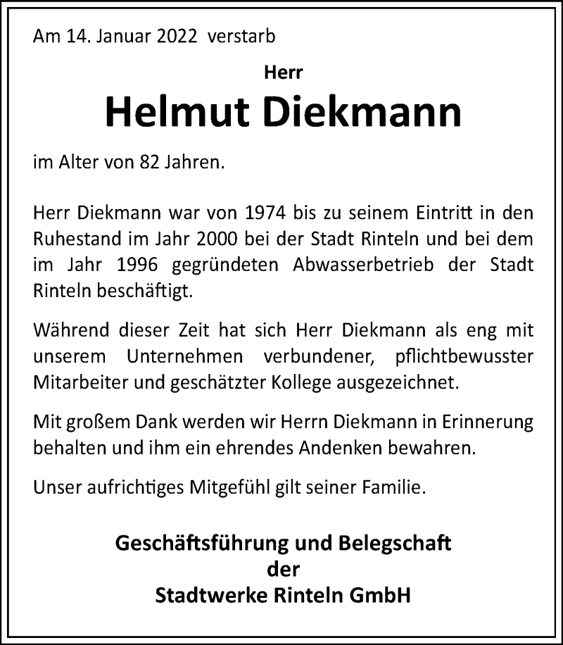 Traueranzeige für Helmut Diekmann vom 22.01.2022 aus Schaumburger Nachrichten