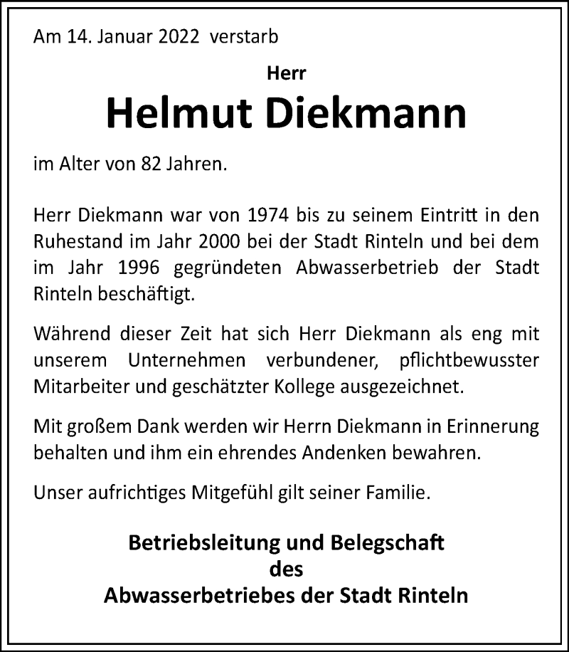  Traueranzeige für Helmut Diekmann vom 25.01.2022 aus Schaumburger Nachrichten