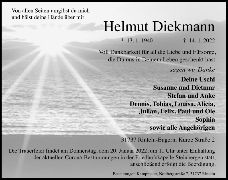  Traueranzeige für Helmut Diekmann vom 18.01.2022 aus Schaumburger Nachrichten