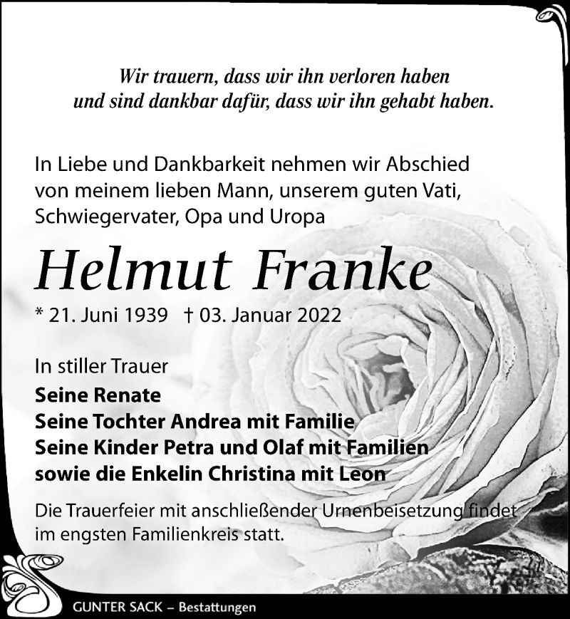  Traueranzeige für Helmut Franke vom 15.01.2022 aus Leipziger Volkszeitung
