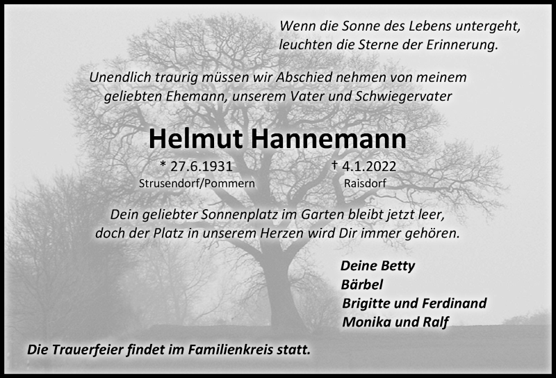  Traueranzeige für Helmut Hannemann vom 08.01.2022 aus Kieler Nachrichten