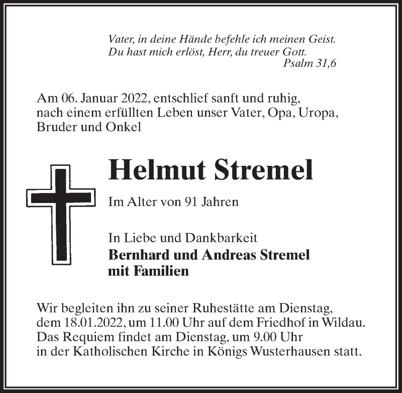  Traueranzeige für Helmut Stremel vom 14.01.2022 aus Märkischen Allgemeine Zeitung