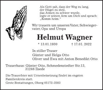 Traueranzeige von Helmut Wagner von Peiner Allgemeine Zeitung