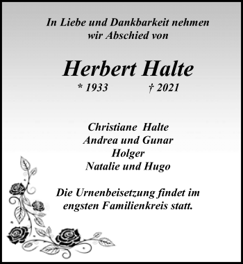 Traueranzeige von Herbert Halte von Märkischen Allgemeine Zeitung