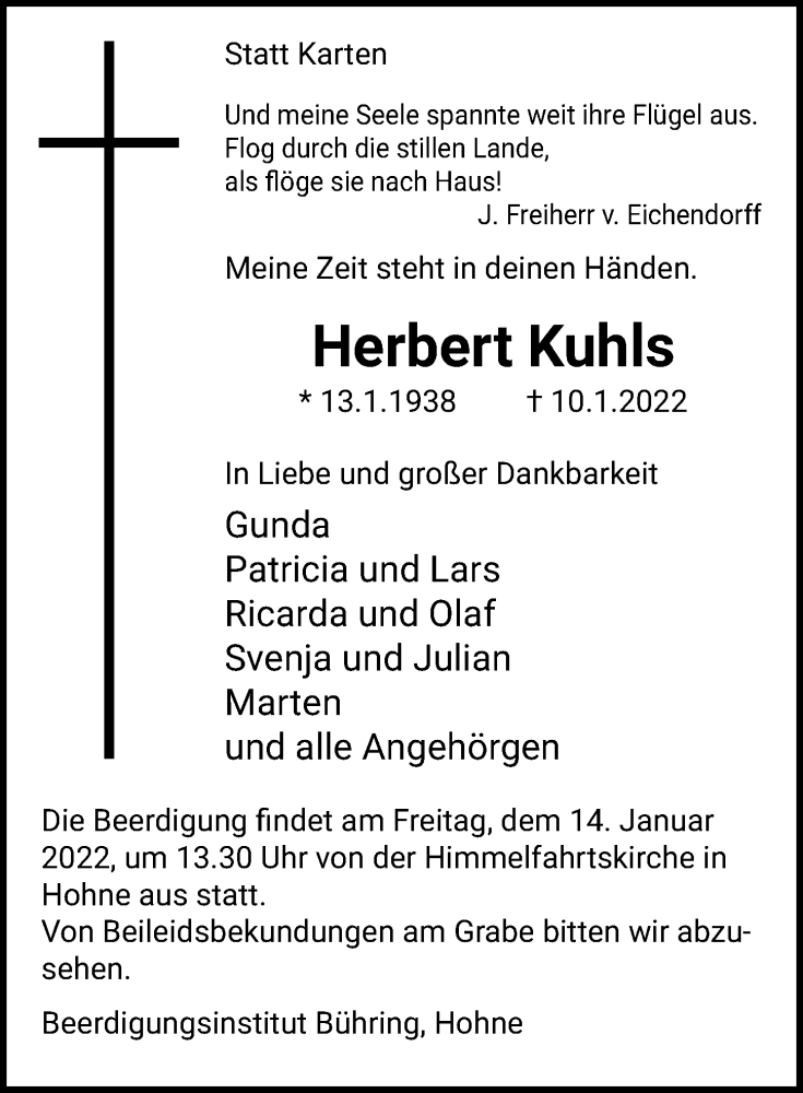  Traueranzeige für Herbert Kuhls vom 13.01.2022 aus Aller Zeitung