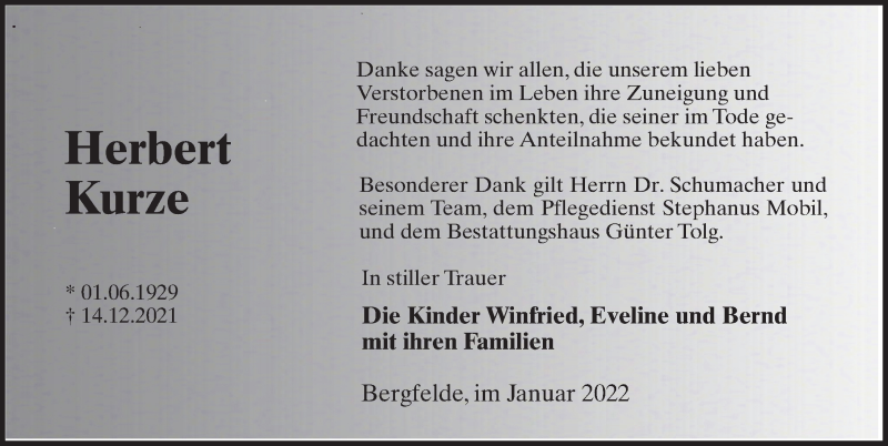  Traueranzeige für Herbert Kurze vom 22.01.2022 aus Märkischen Allgemeine Zeitung