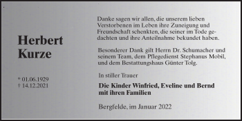 Traueranzeige von Herbert Kurze von Märkischen Allgemeine Zeitung
