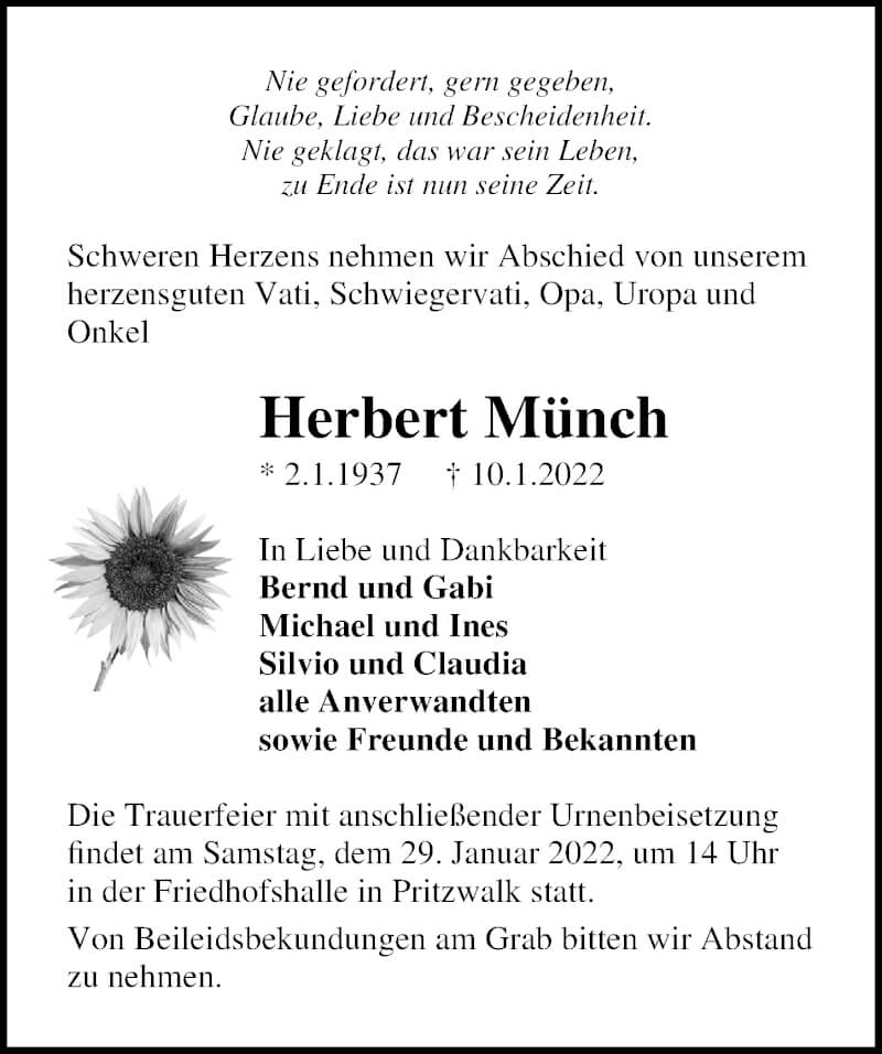  Traueranzeige für Herbert Münch vom 15.01.2022 aus Märkischen Allgemeine Zeitung