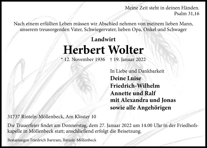  Traueranzeige für Herbert Wolter vom 22.01.2022 aus Schaumburger Nachrichten