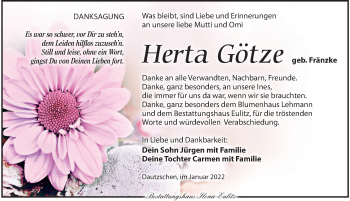 Traueranzeige von Herta Götze von Torgauer Zeitung