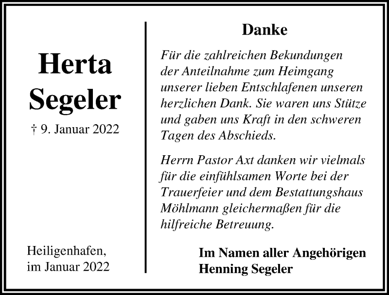  Traueranzeige für Herta Segeler vom 26.01.2022 aus Lübecker Nachrichten