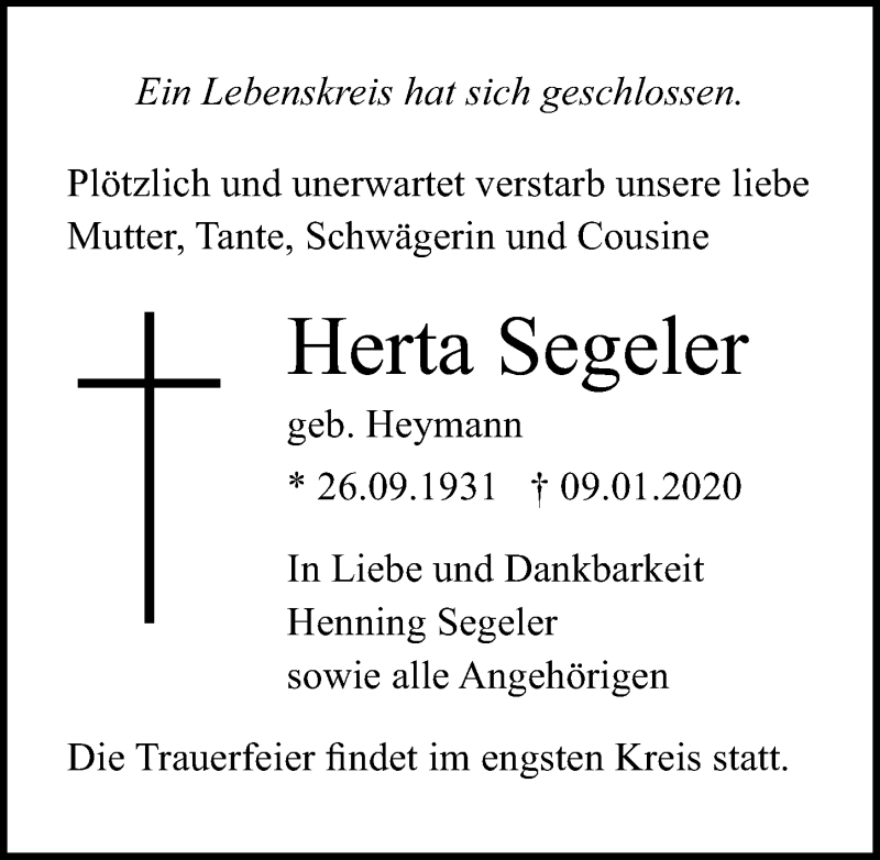 Traueranzeige für Herta Segeler vom 14.01.2022 aus Lübecker Nachrichten