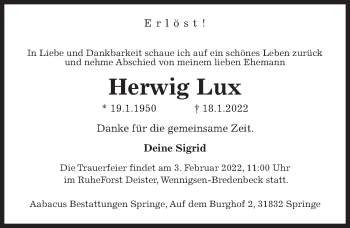 Traueranzeige von Herwig Lux von Hannoversche Allgemeine Zeitung/Neue Presse