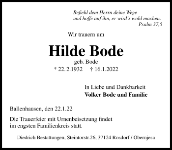 Traueranzeige von Hilde Bode von Göttinger Tageblatt