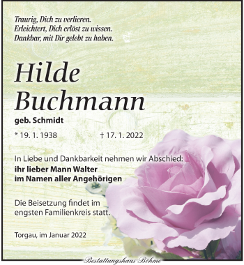 Traueranzeige von Hilde Buchmann von Torgauer Zeitung
