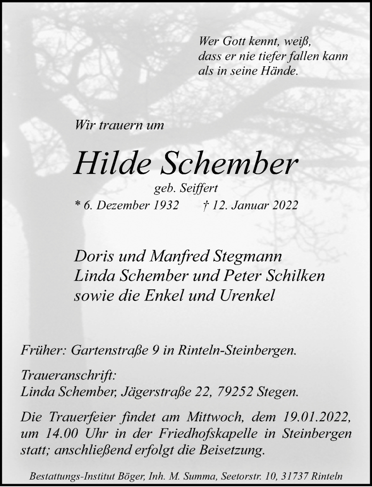  Traueranzeige für Hilde Schember vom 15.01.2022 aus Schaumburger Nachrichten
