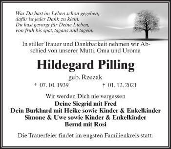 Traueranzeige von Hildegard Pilling