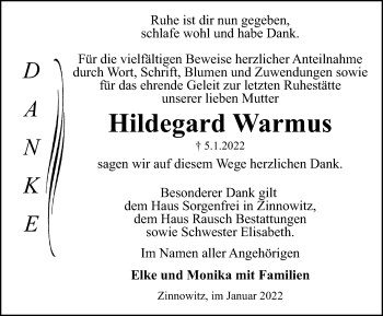Traueranzeige von Hildegard Warmus von Ostsee-Zeitung GmbH