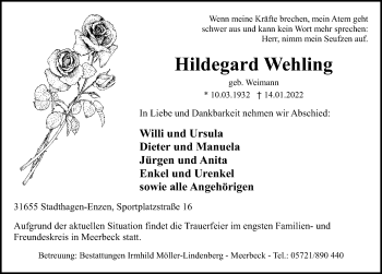 Traueranzeige von Hildegard Wehling von Schaumburger Nachrichten
