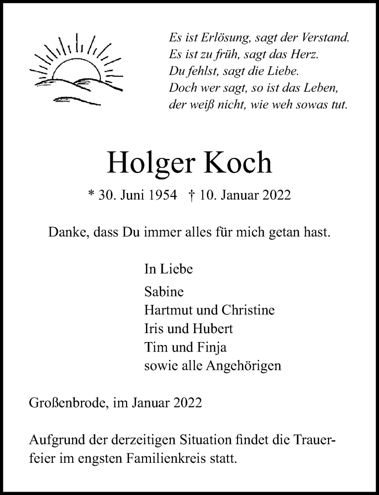  Traueranzeige für Holger Koch vom 15.01.2022 aus Lübecker Nachrichten