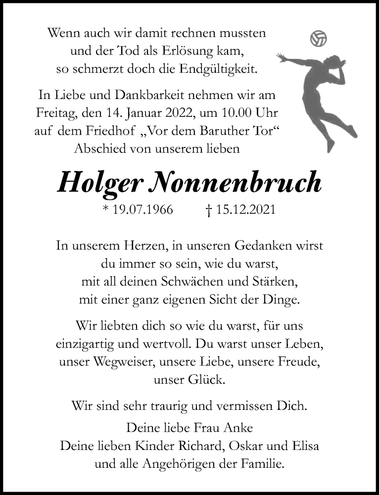  Traueranzeige für Holger Nonnenbruch vom 08.01.2022 aus Märkischen Allgemeine Zeitung