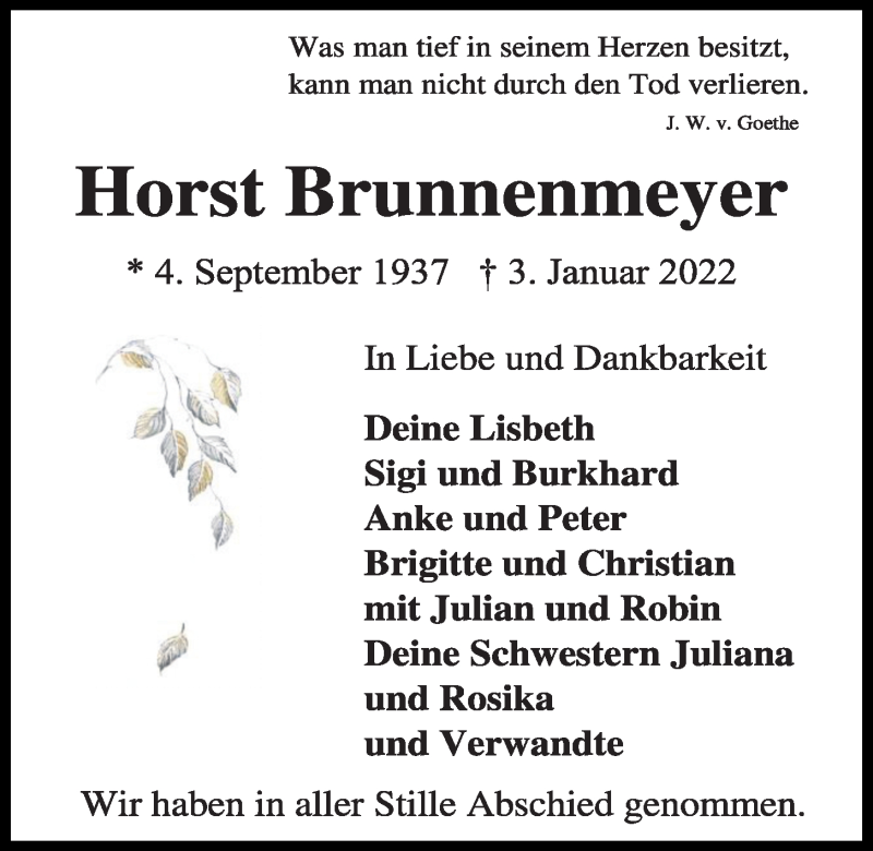  Traueranzeige für Horst Brunnenmeyer vom 15.01.2022 aus Kieler Nachrichten