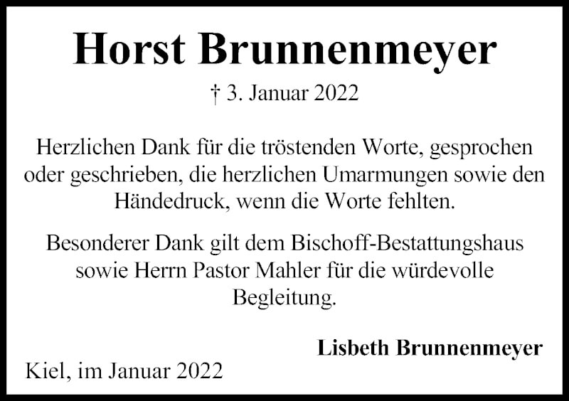  Traueranzeige für Horst Brunnenmeyer vom 29.01.2022 aus Kieler Nachrichten