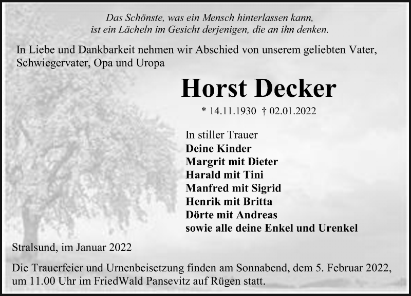  Traueranzeige für Horst Decker vom 08.01.2022 aus Ostsee-Zeitung GmbH