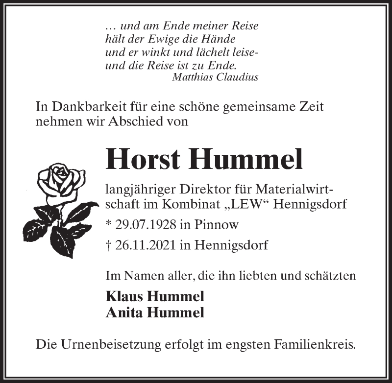  Traueranzeige für Horst Hummel vom 11.12.2021 aus Märkischen Allgemeine Zeitung
