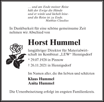 Traueranzeige von Horst Hummel von Märkischen Allgemeine Zeitung