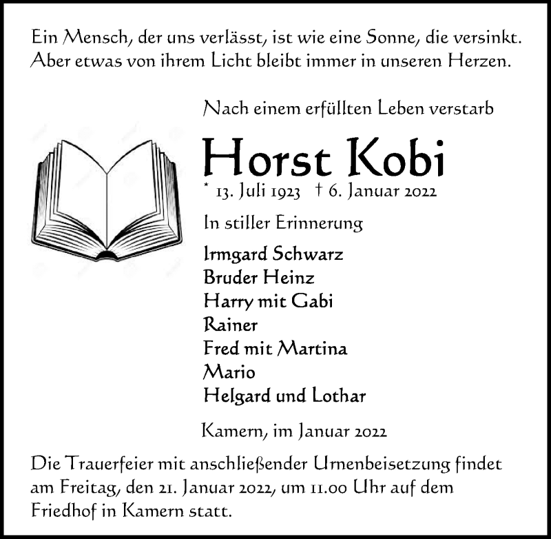  Traueranzeige für Horst Kobi vom 11.01.2022 aus Märkischen Allgemeine Zeitung