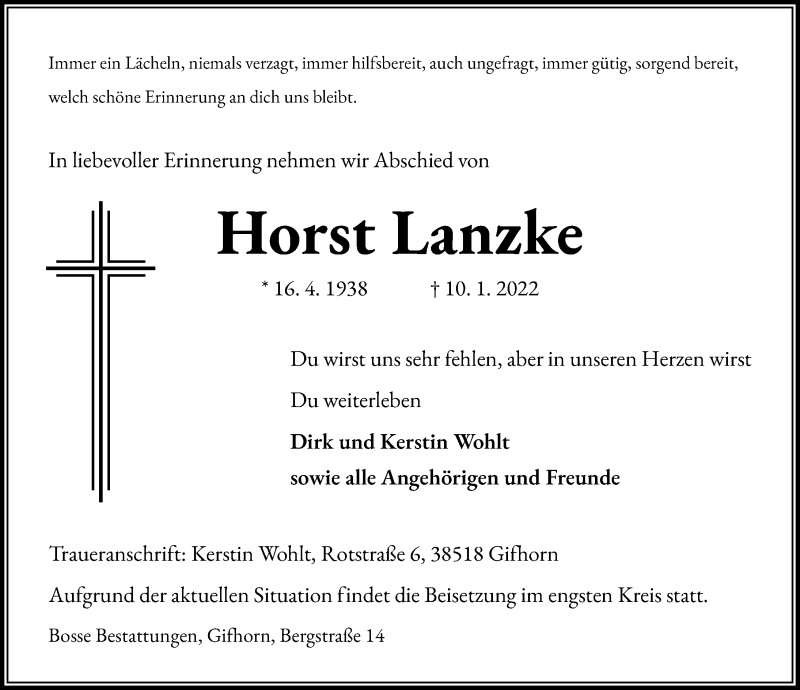  Traueranzeige für Horst Lanzke vom 15.01.2022 aus Aller Zeitung