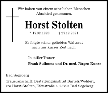 Traueranzeige von Horst Stolten von Kieler Nachrichten