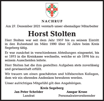 Traueranzeige von Horst Stolten von Kieler Nachrichten