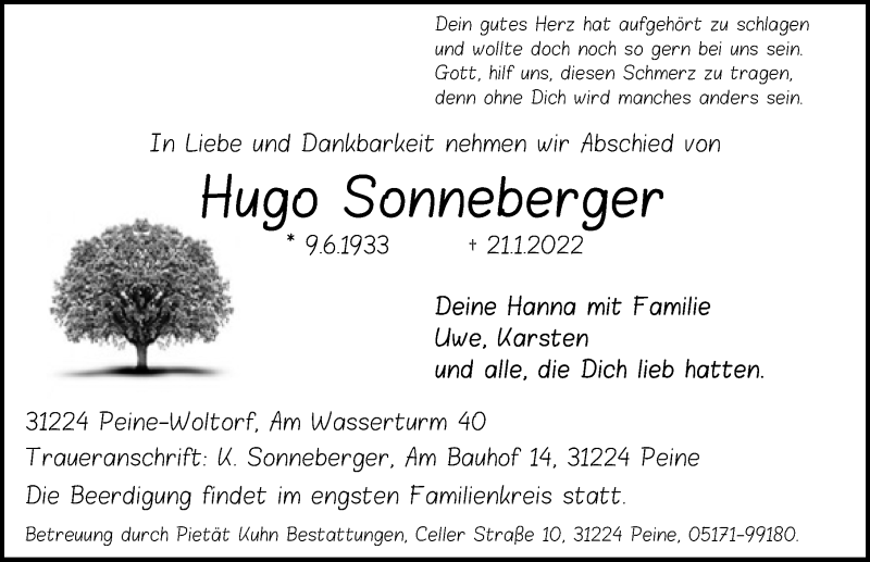  Traueranzeige für Hugo Sonneberger vom 26.01.2022 aus Peiner Allgemeine Zeitung
