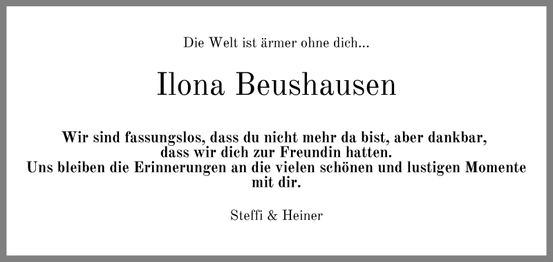  Traueranzeige für Ilona Beushausen vom 08.01.2022 aus Göttinger Tageblatt